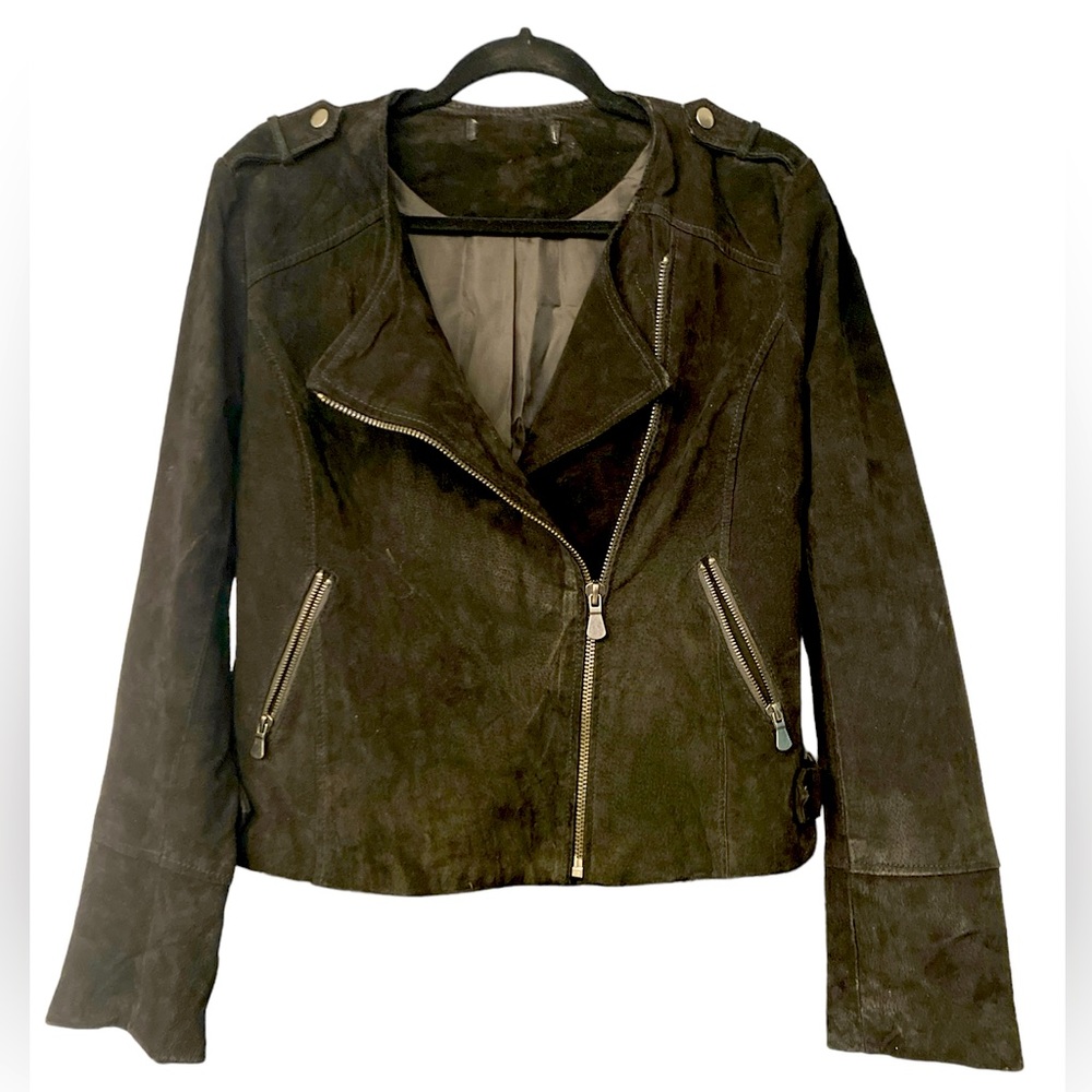 Suede Jacket Leather Moto Zip Up Black Womens